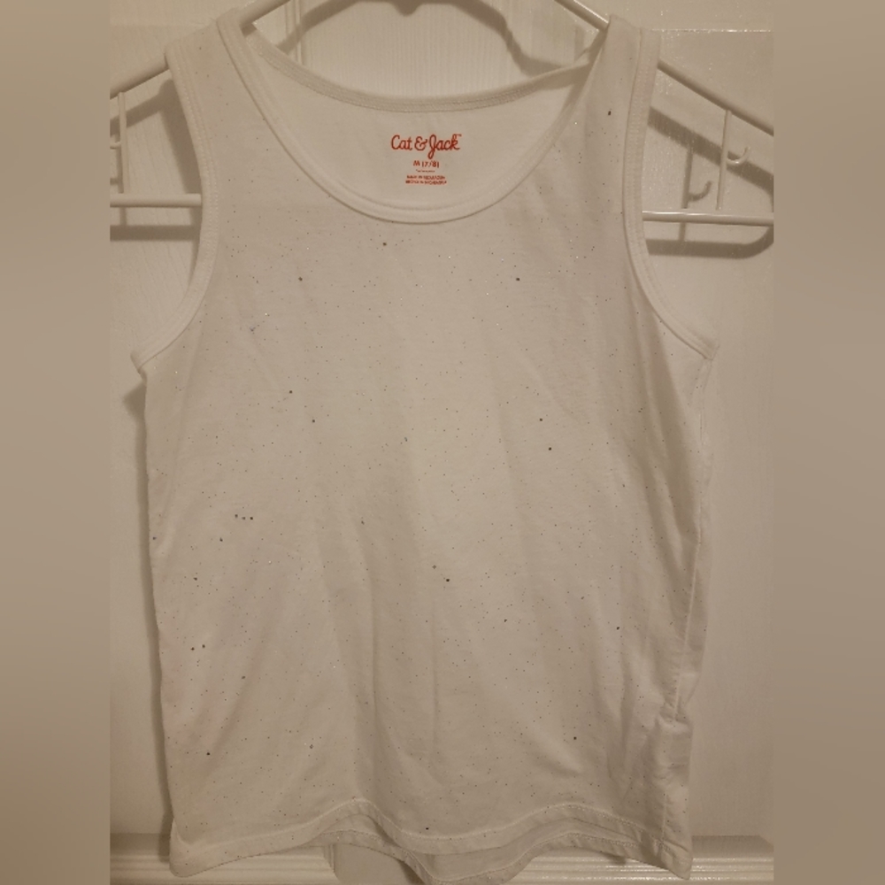 Girls Summer White Tank Top with Silver Sparkles Size 7/8